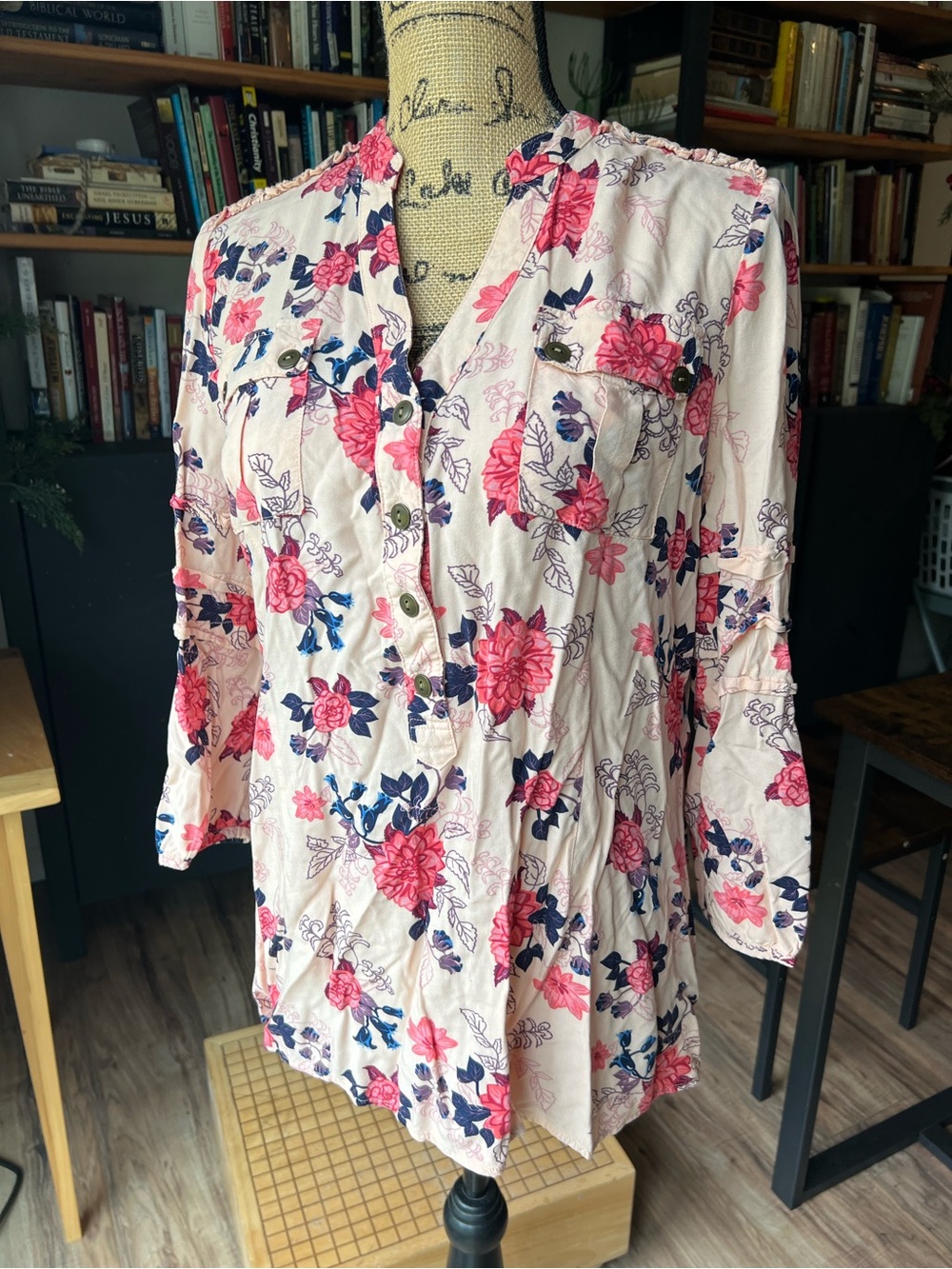Matilda Jane Pink Floral Button-Up Tunic with Navy Accents